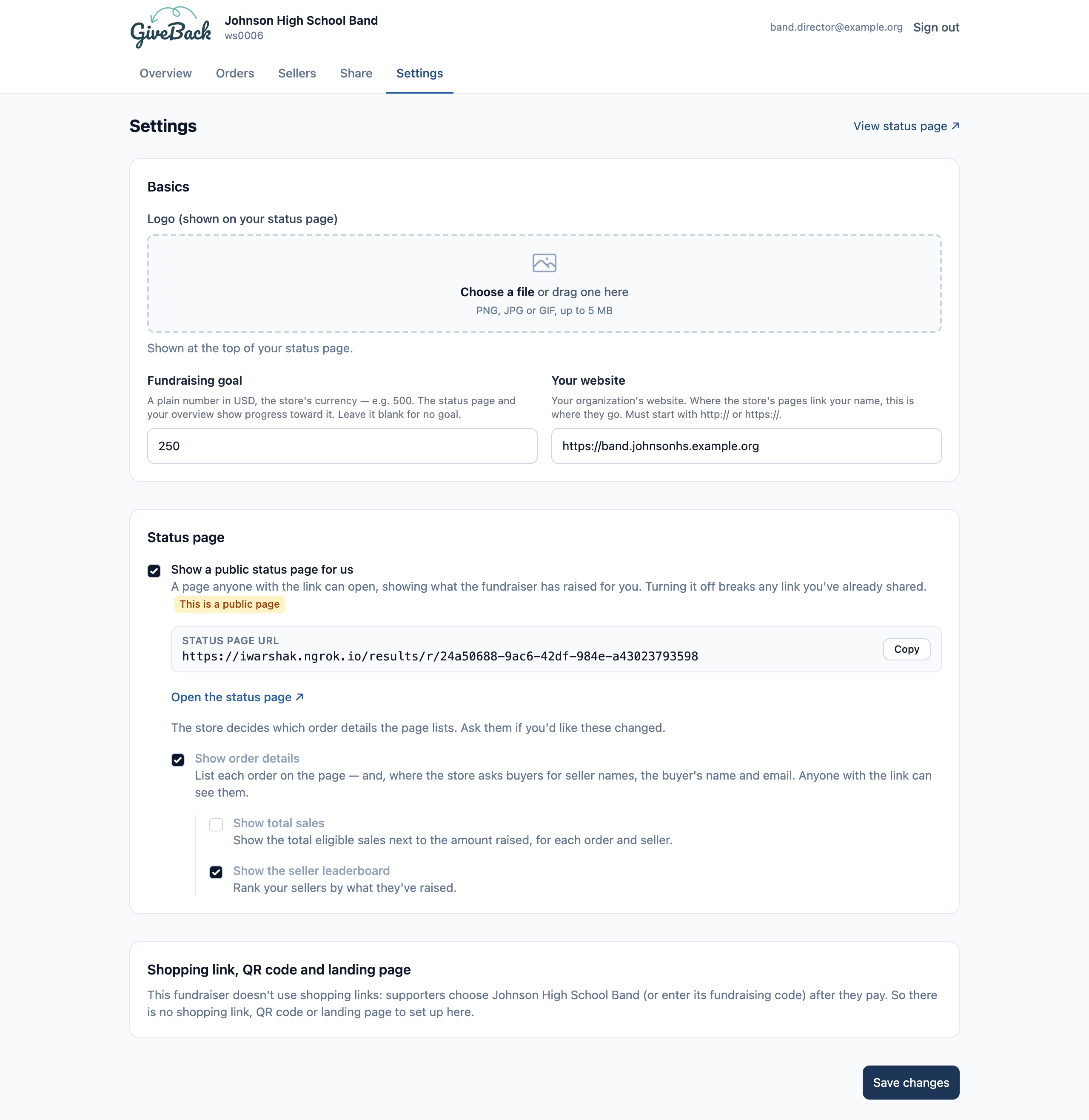 The recipient admin portal settings page