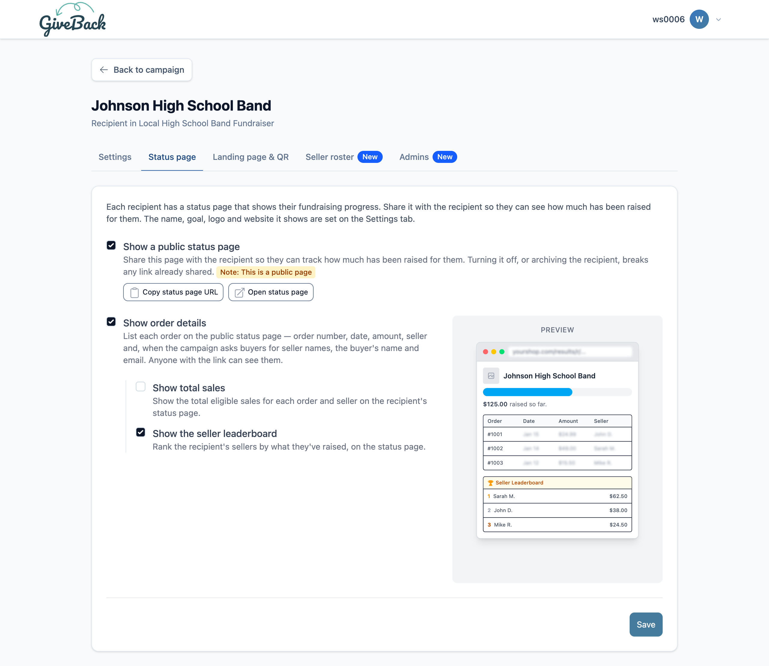 The Status page tab on the recipient page