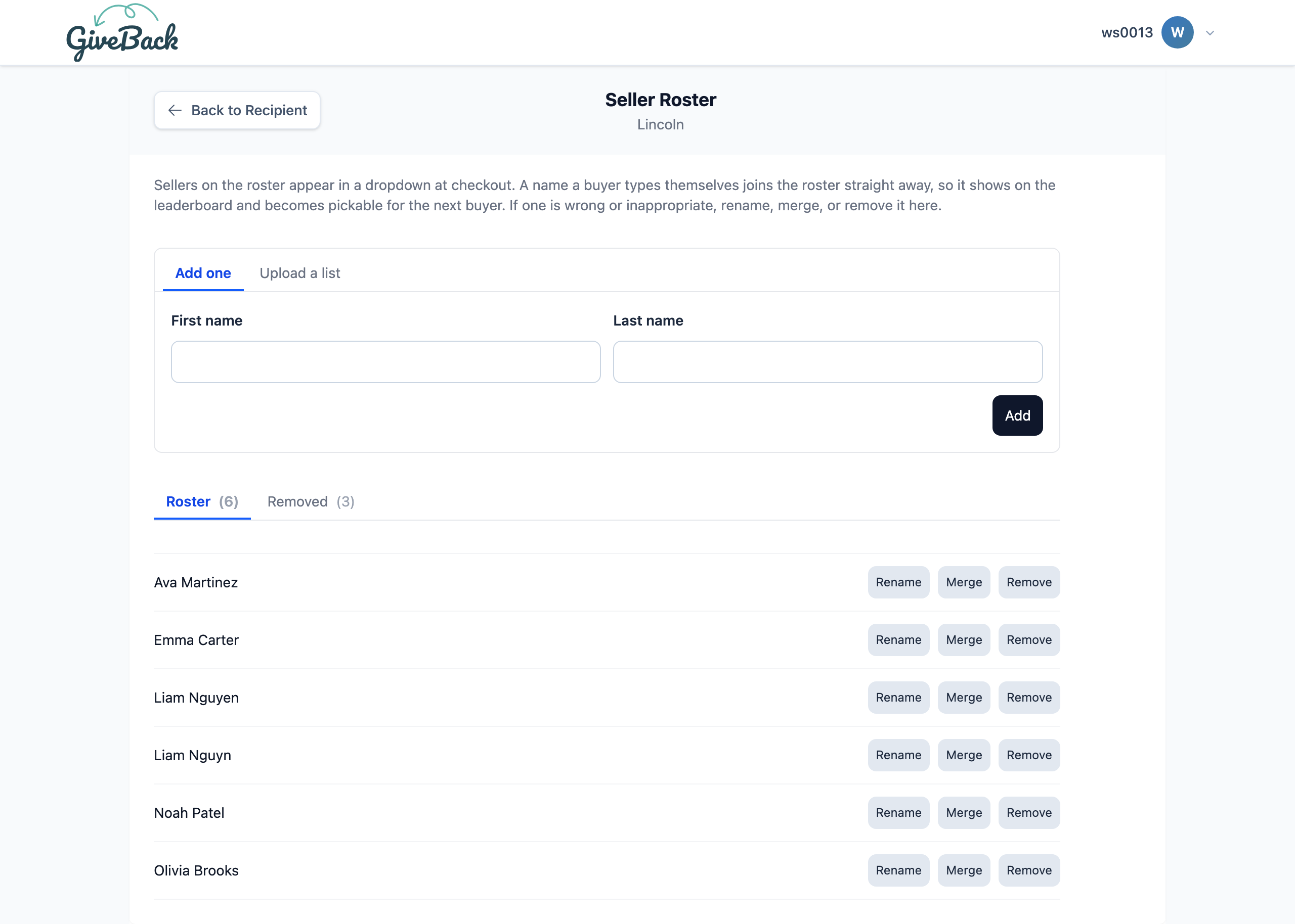 The seller roster page