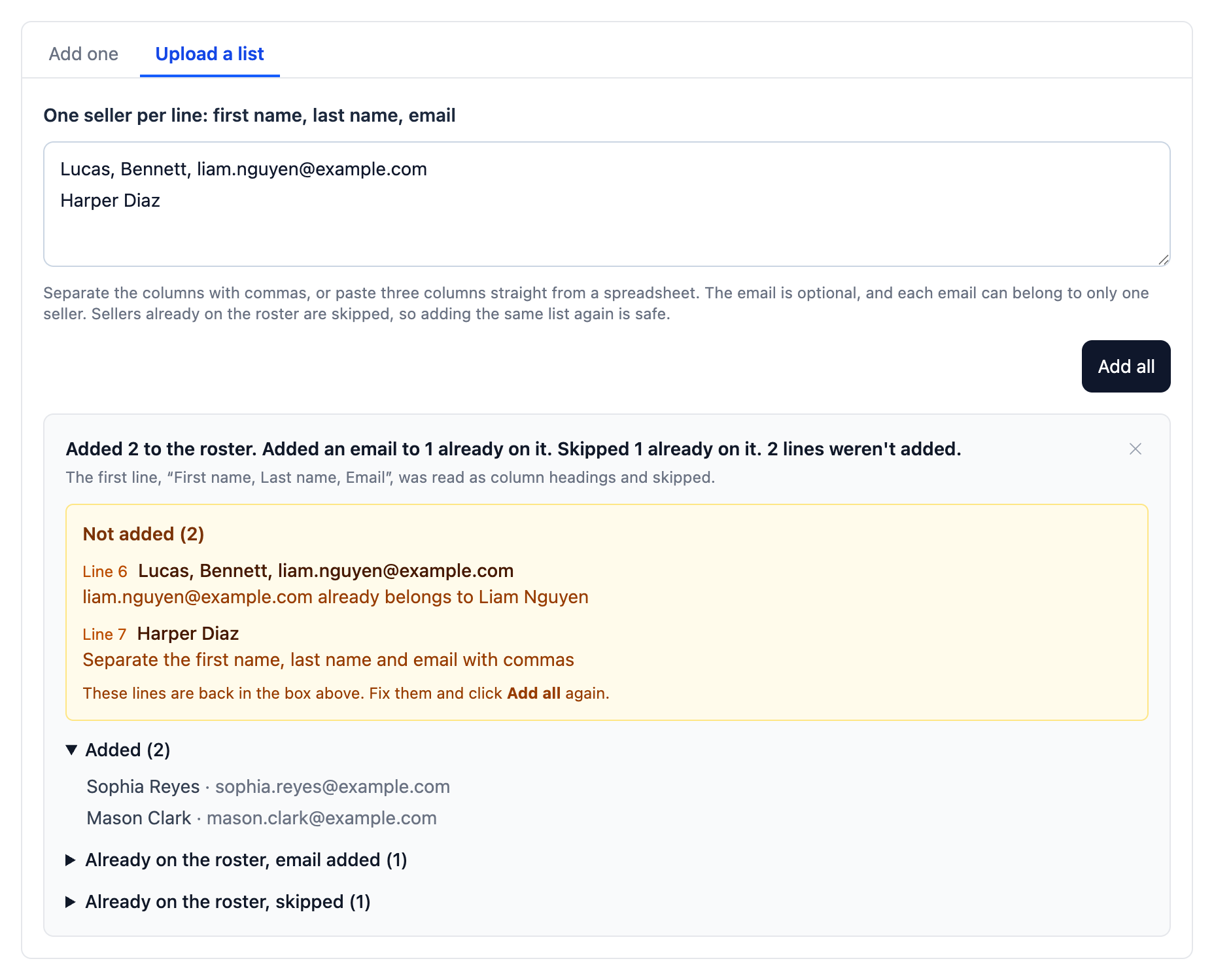 What became of each line of an uploaded list: who was added, who was skipped, and which lines weren't added and why